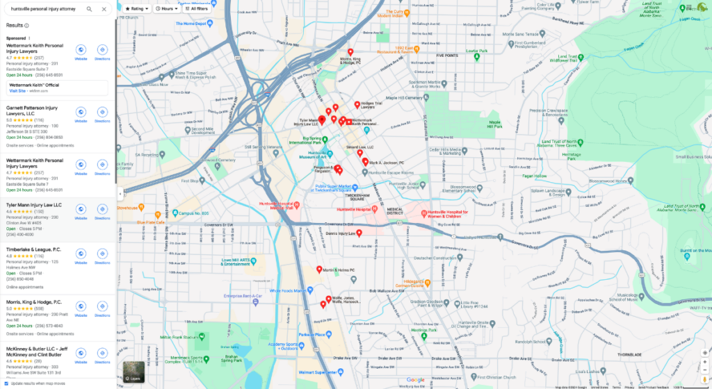 Google Business Profile Map of Local Huntsville Law Firms and Lawyers Marketing